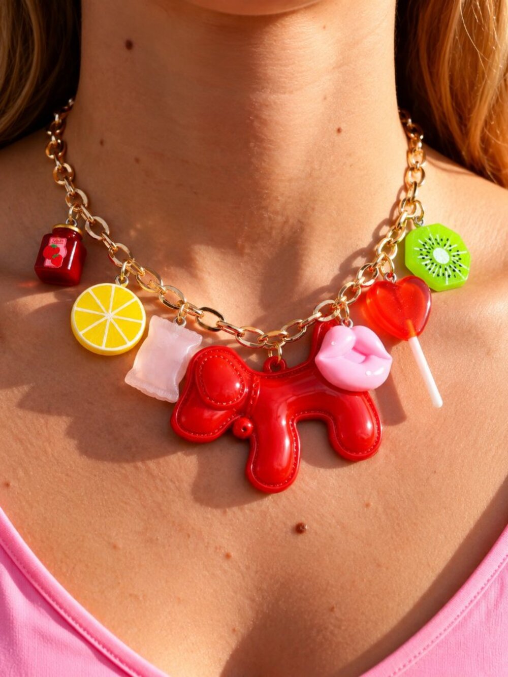Y2K Red Balloon Dog Charm Necklace Colorful Kawaii Statement Jewelry